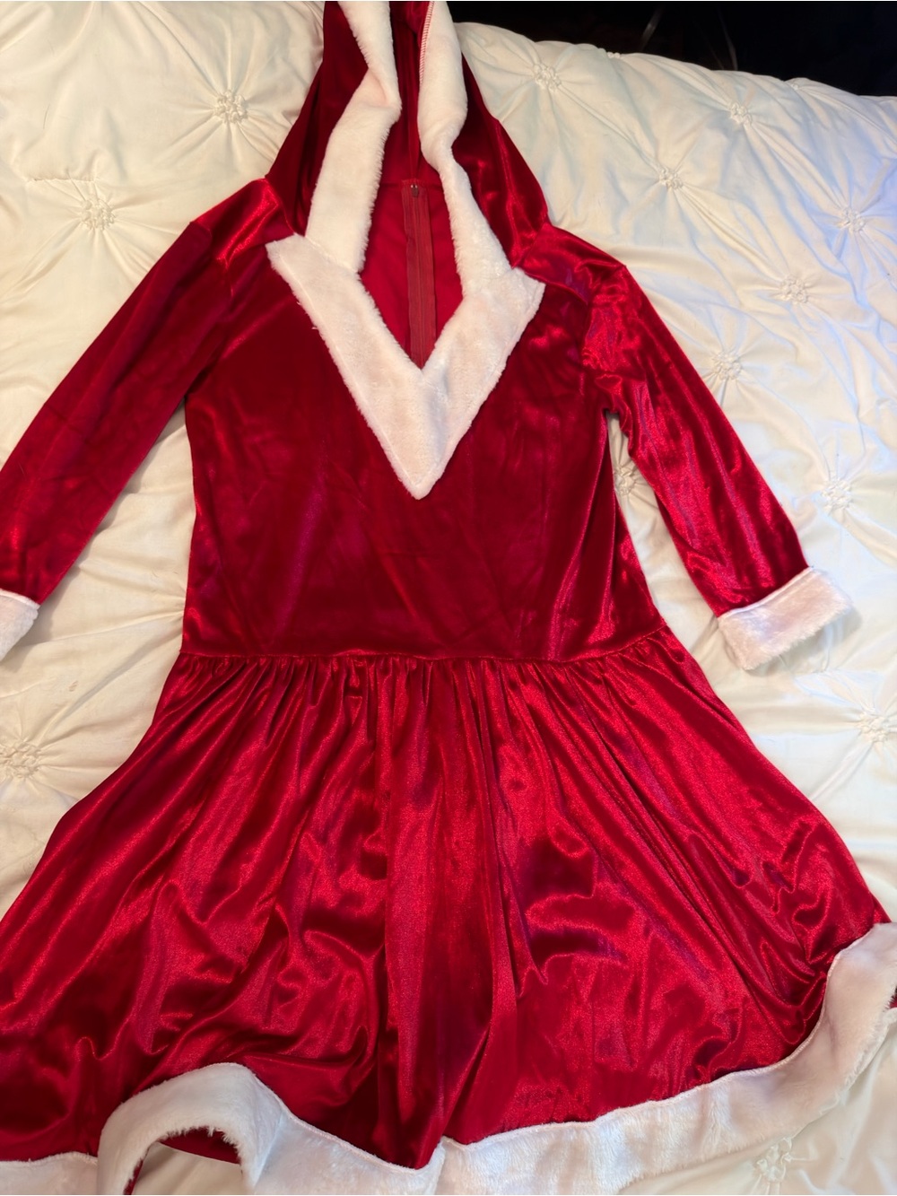 Women’s Red Plush Holiday Hooded Santa suit with White Trim